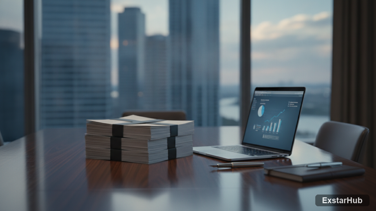 Financial documents and a laptop on a table in a professional bank office to represent ai-fueled debt soar.
