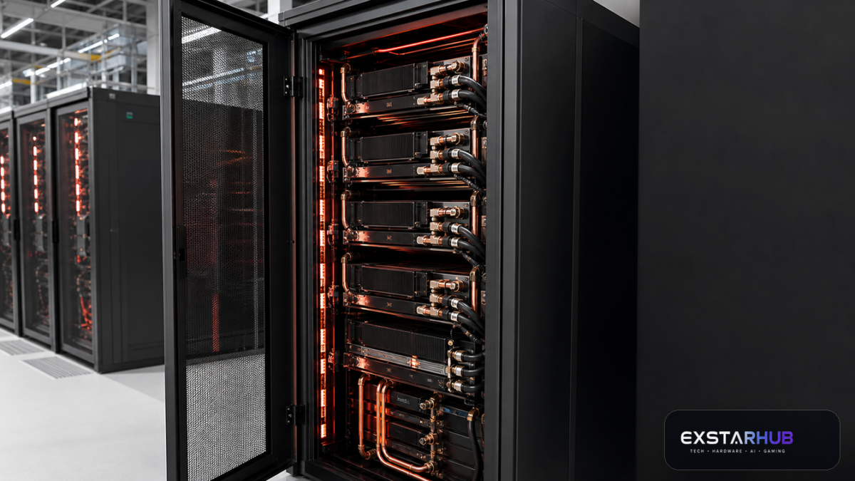 Liquid-cooled AI server rack with high-performance accelerator modules in a modern data center