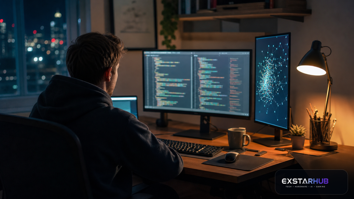 Software engineer workspace with code on a monitor and a glowing AI network display