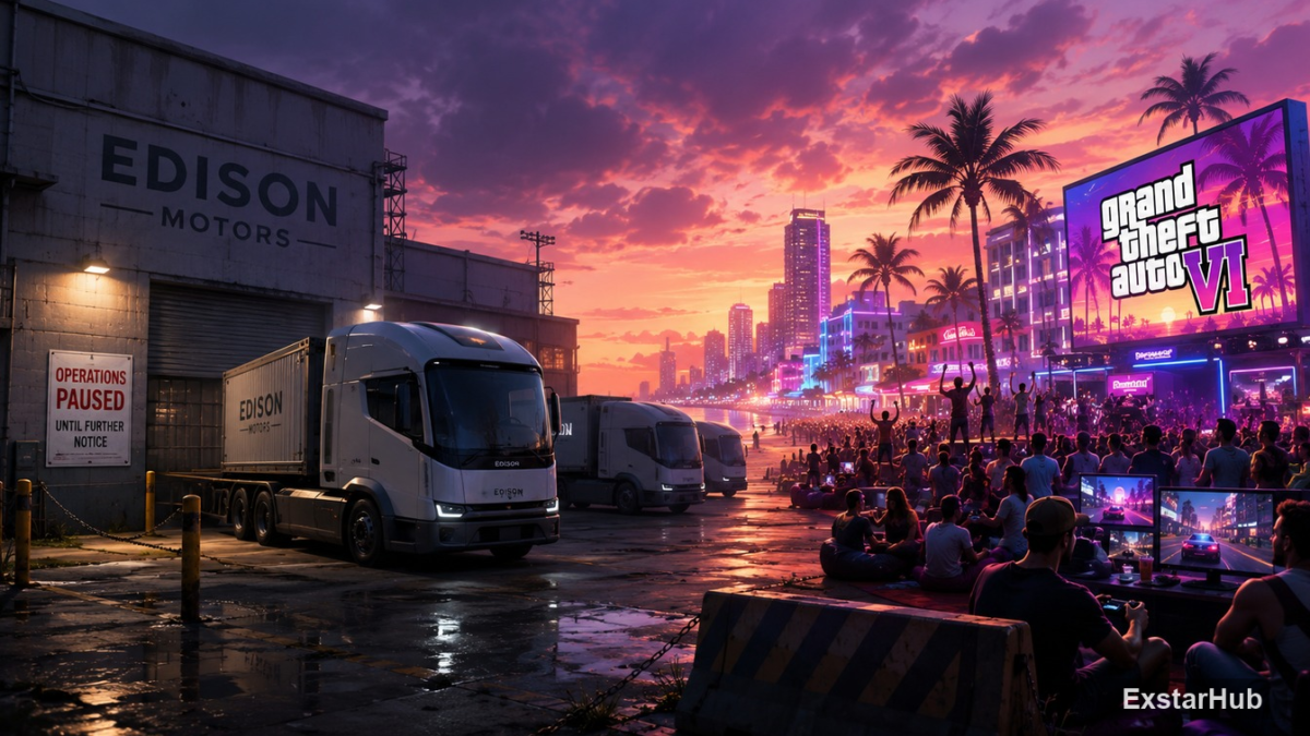 A sleek electric truck in a modern showroom representing the industrial context of Edison Motors.