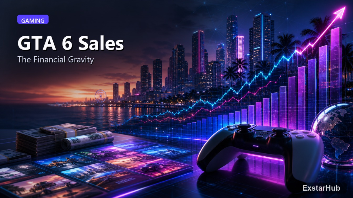 A high-end home theater setup showing a vibrant city environment on a large screen, reflecting the scale of Grand Theft Auto 6 Video Game Sales Off To Strong Start.