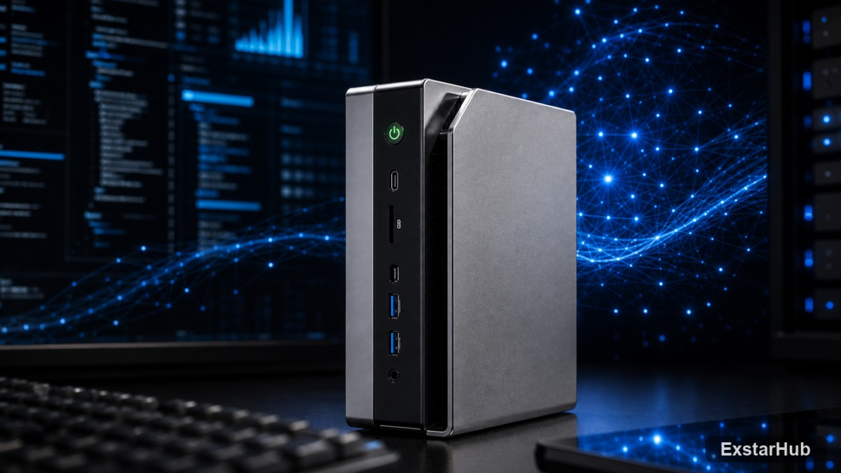 The GMKtec EVO-X3 vertical mini PC standing on a desk in a home office.
