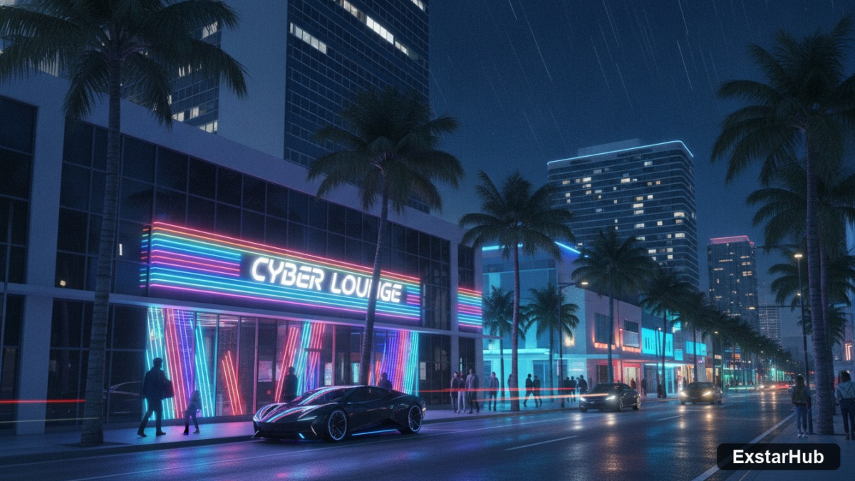 A neon-lit city street in a Florida-inspired environment for GTA 6 game of the year analysis.