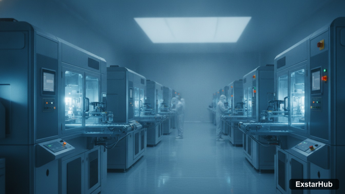 Advanced semiconductor manufacturing equipment inside a high-tech cleanroom facility.