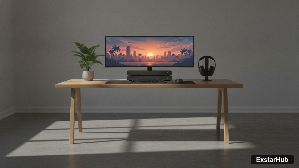 A modern gaming console and monitor setup in a minimalist room representing the high-end nature of Grand Theft Auto VI Price Window discussions.