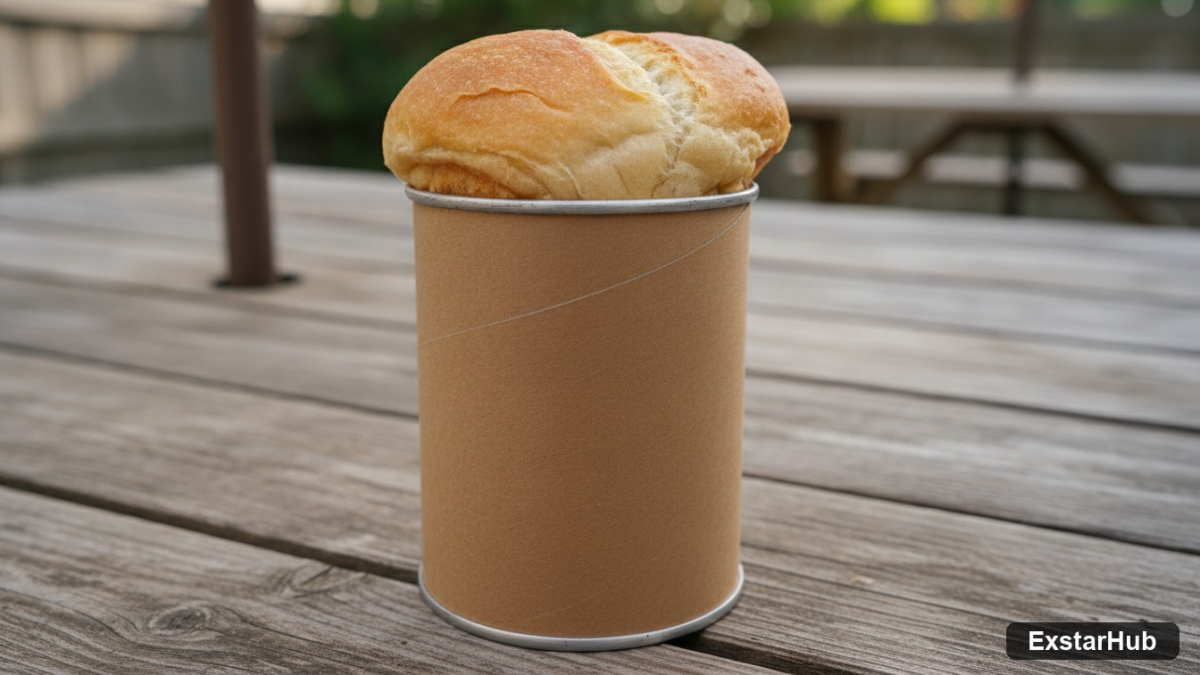 A Pringles hot dog bun in a flavor-matched can on an outdoor table.
