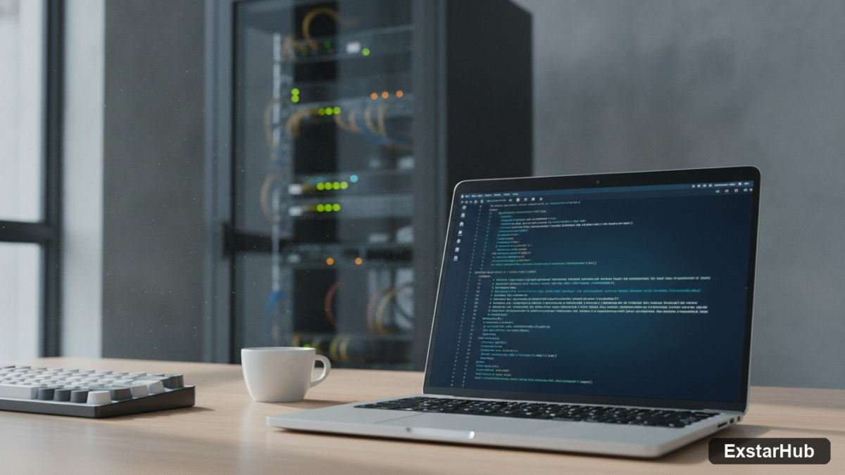 A high-end laptop and server hardware in a minimalist office represent the security concerns regarding Claude Code.