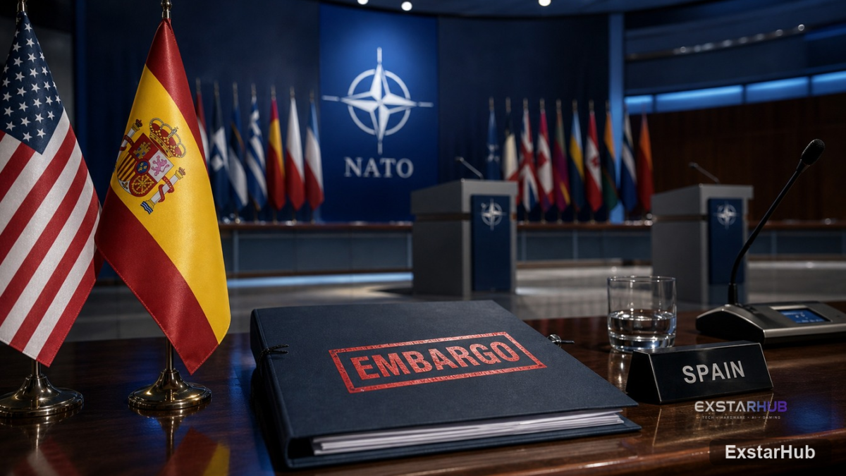A formal diplomatic summit room with national flags representing NATO members.