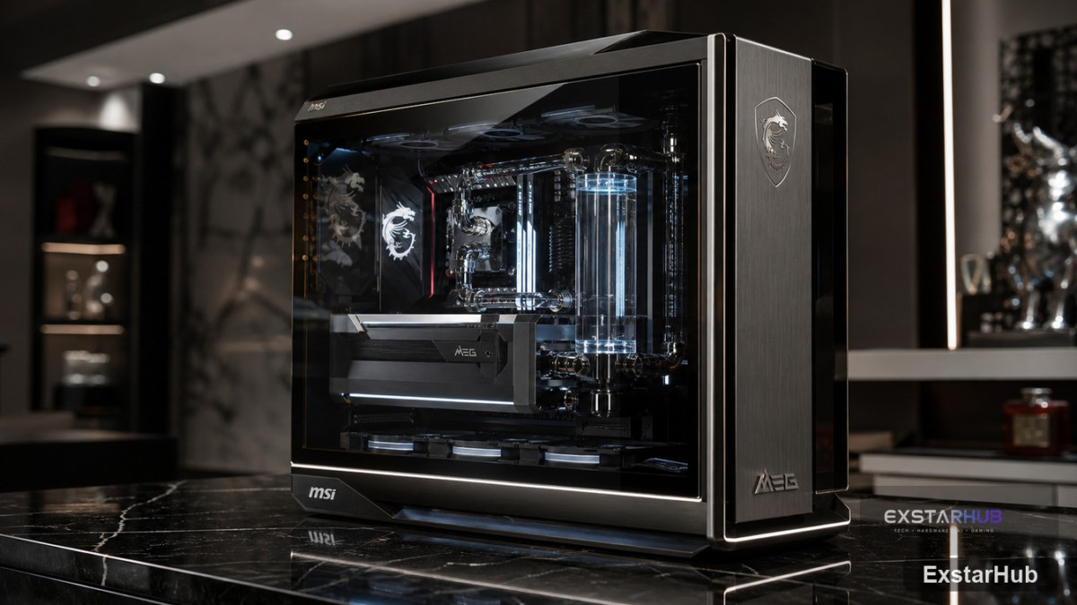 A premium aluminum MSI MEG MAESTRO 900R full tower case in a modern office setting.