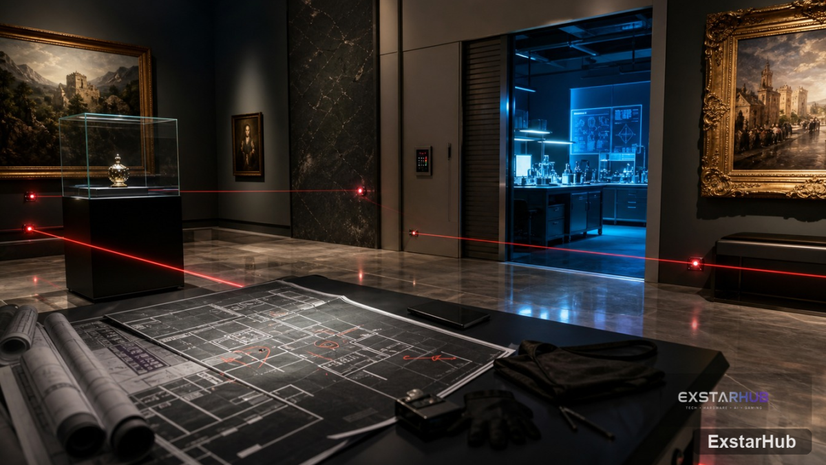 A high-end art gallery interior with spotlights and minimalist decor for a GTA Online heist scenario.