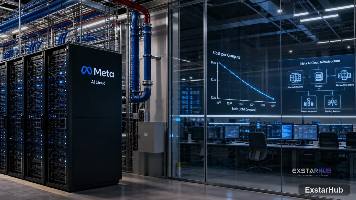 A high-tech data center representing Meta AI Cloud Ambitions and infrastructure growth.