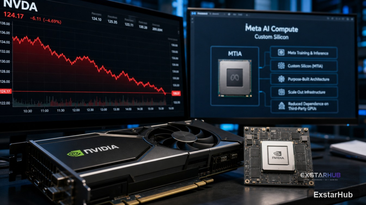 A row of high-end server racks in a modern data center representing the hardware behind Nvidia stock's falling and Meta's AI growth.