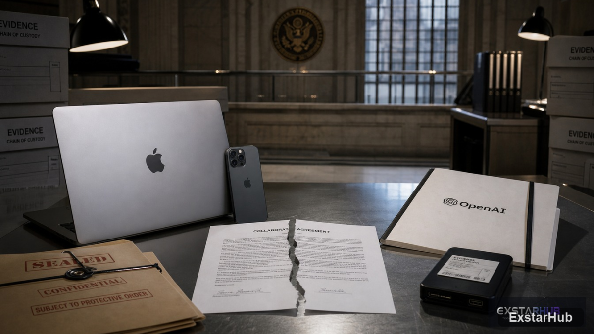 A formal press-briefing setting representing the legal action where Apple sues OpenAI for trade secret theft.