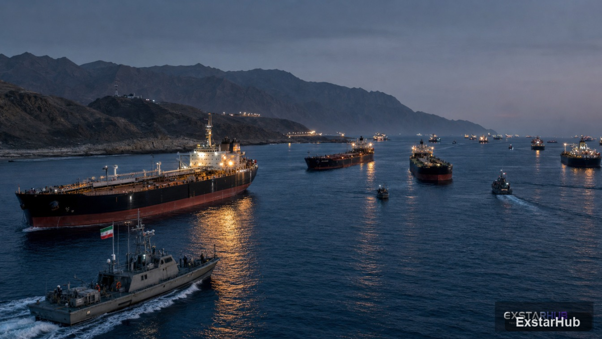 A large commercial container ship in a narrow waterway near the Iranian coast as Iran says Strait of Hormuz is closed.