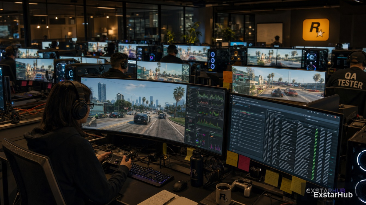 A modern gaming setup with multiple monitors in a dimly lit room for GTA 6 PC gaming news.