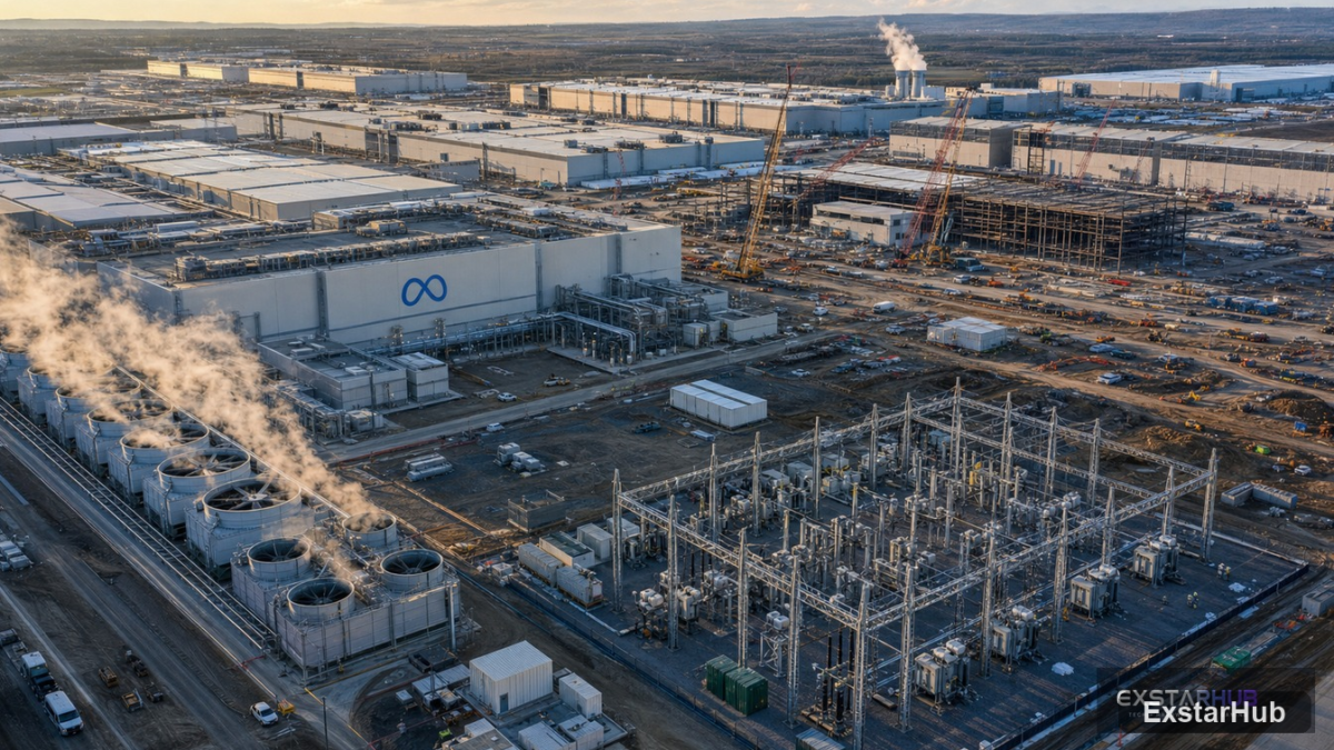 A massive industrial construction site for a Meta AI data center in rural Louisiana.