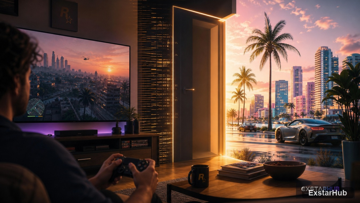 A high-end gaming setup with a screen displaying an urban environment for PlayStation 5 Players Can Get GTA Online Without PS Plus for Limited Time.