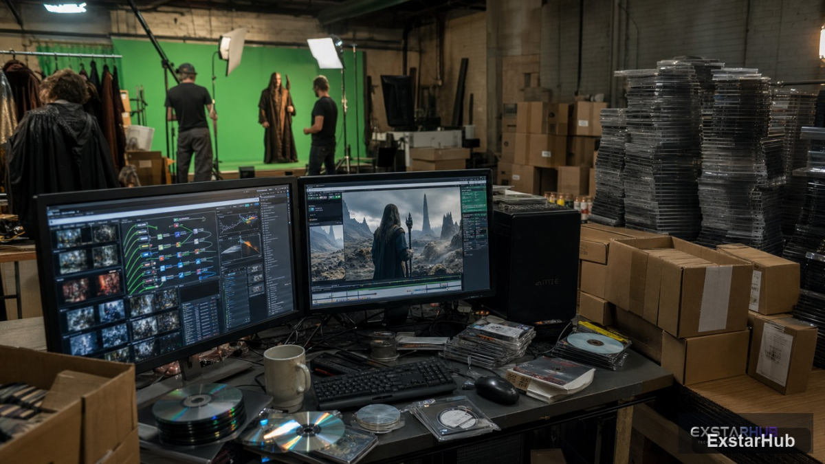A modern home cinema setup featuring a digital screen displaying content from ai slop movies.