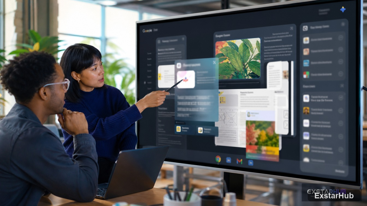 A professional laptop setup showing the Gemini Spark Workspace upgrades integration in a document.