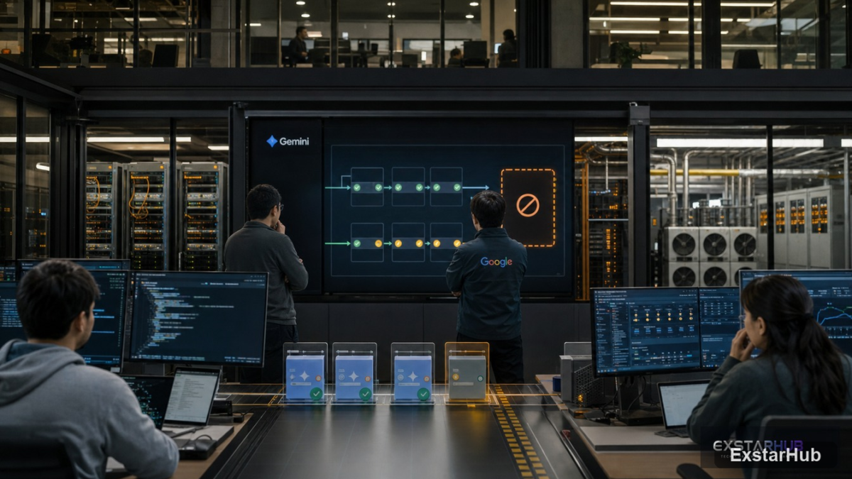 A professional workspace with a laptop and smartphone near an abstract data display regarding the Google Gemini launch delayed status.