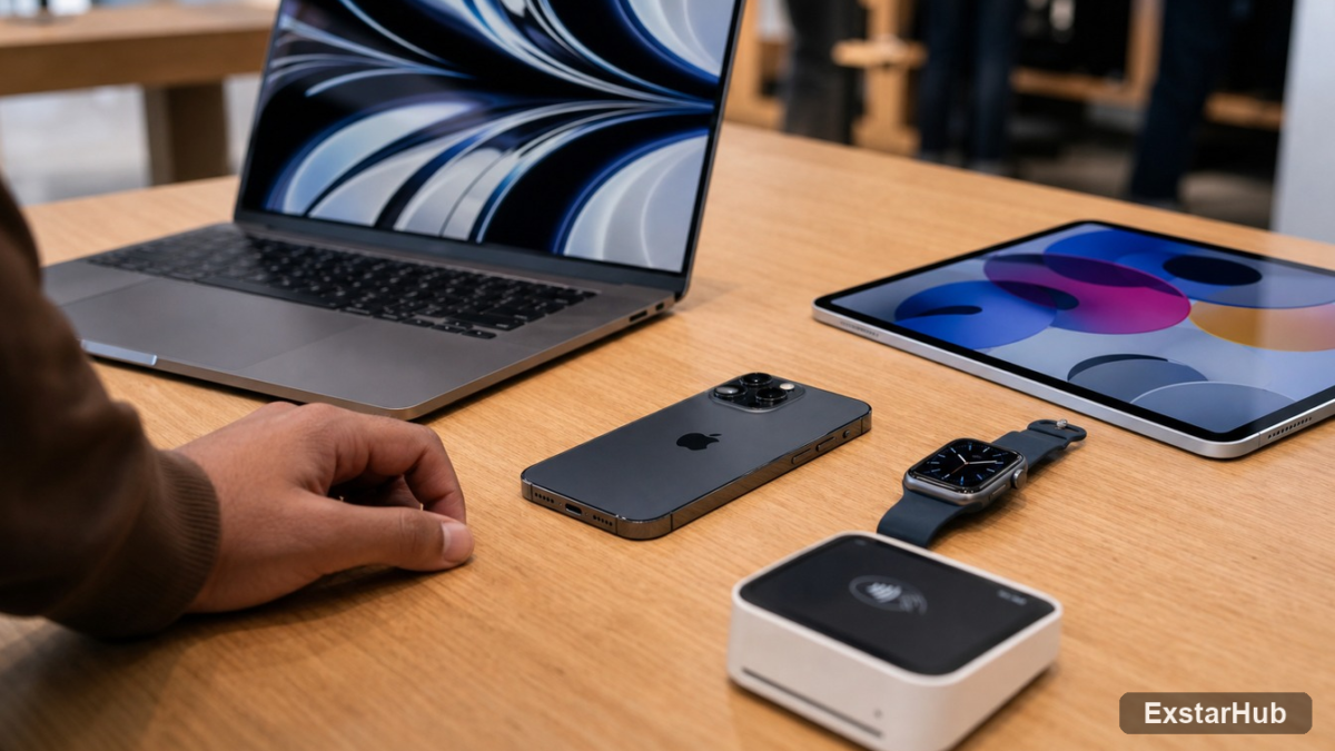 Apple-style phone, tablet, watch, and laptop arranged to illustrate a reported device leasing program.