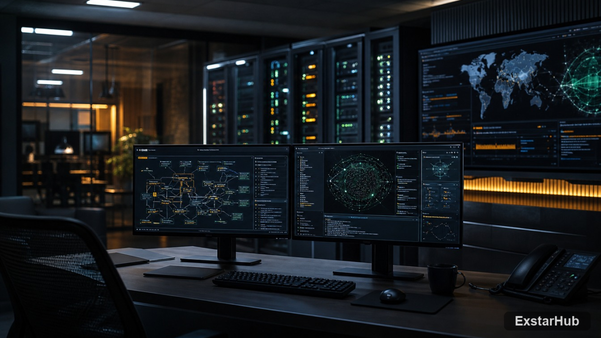 Editorial cybersecurity scene showing an AI evaluation workstation connected to secured server infrastructure.