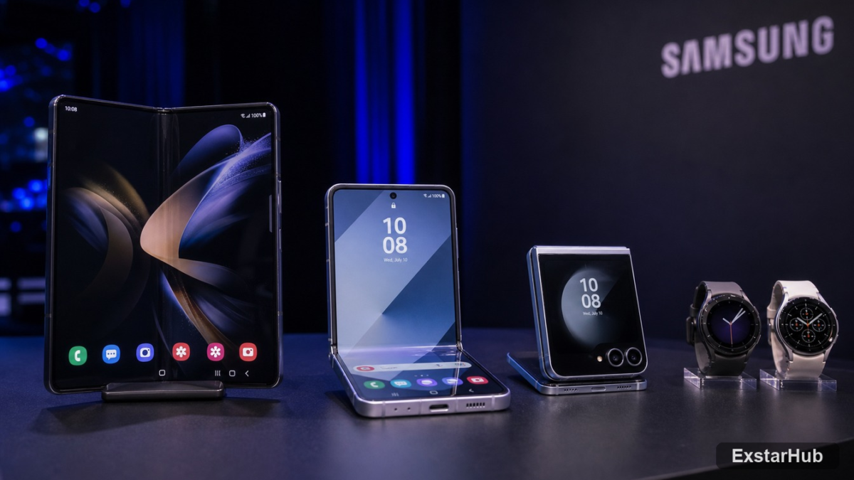Samsung foldable smartphones and Galaxy watches displayed together after the July 2026 Unpacked event.