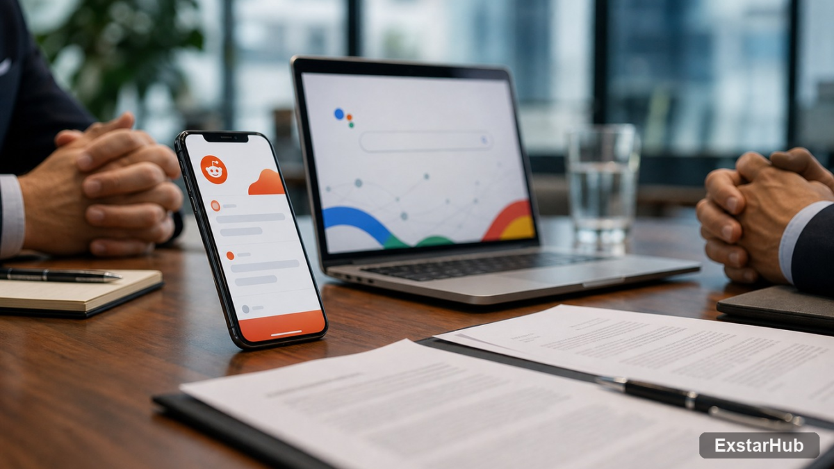 Editorial montage representing data licensing negotiations between Reddit and Google.