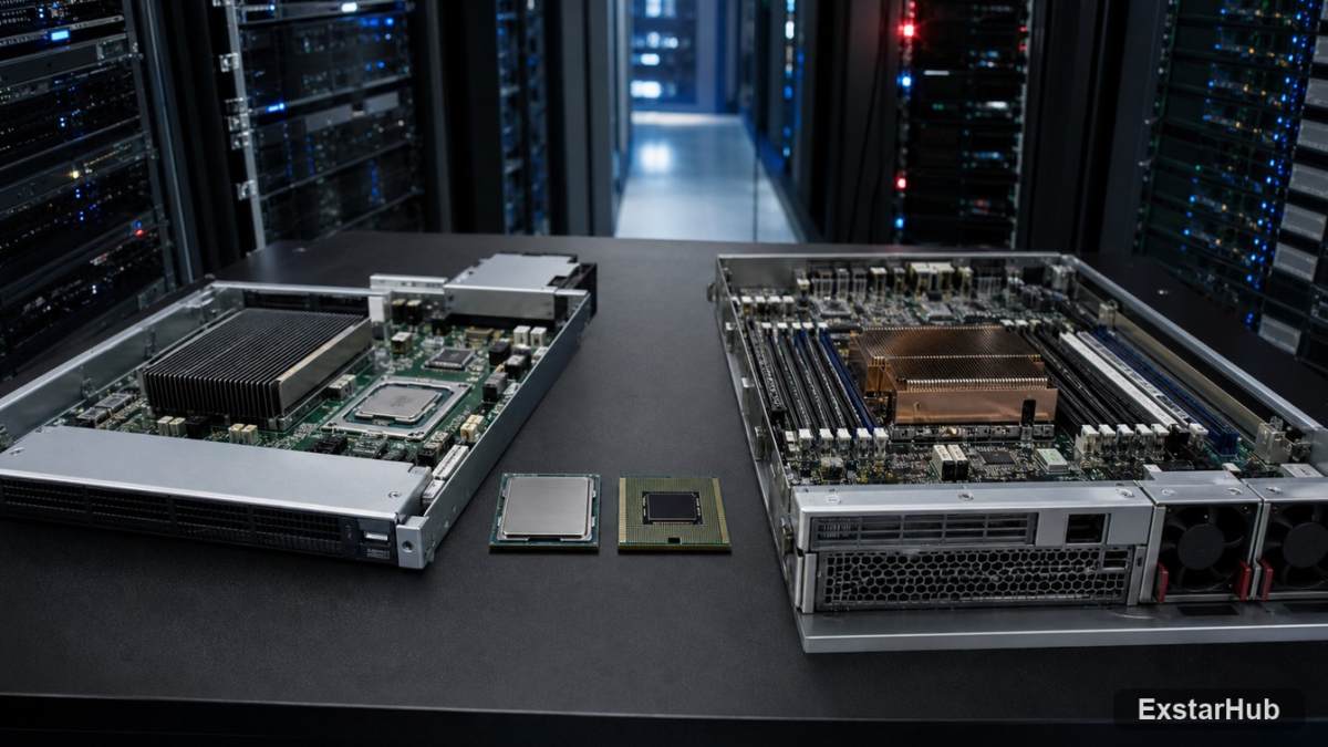 Intel and AMD server processors arranged in a secured data-center equipment room.
