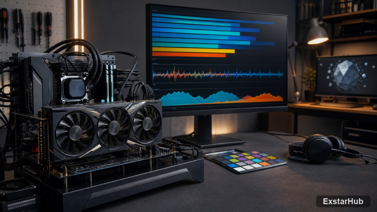 Geekbench 7 benchmark concept showing a desktop PC undergoing CPU and GPU performance testing