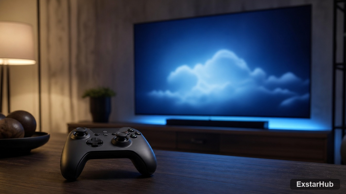 An Xbox controller on a modern gaming desk with a television showing an abstract cloud gaming interface, illustrating the Xbox ad-supported game streaming test.