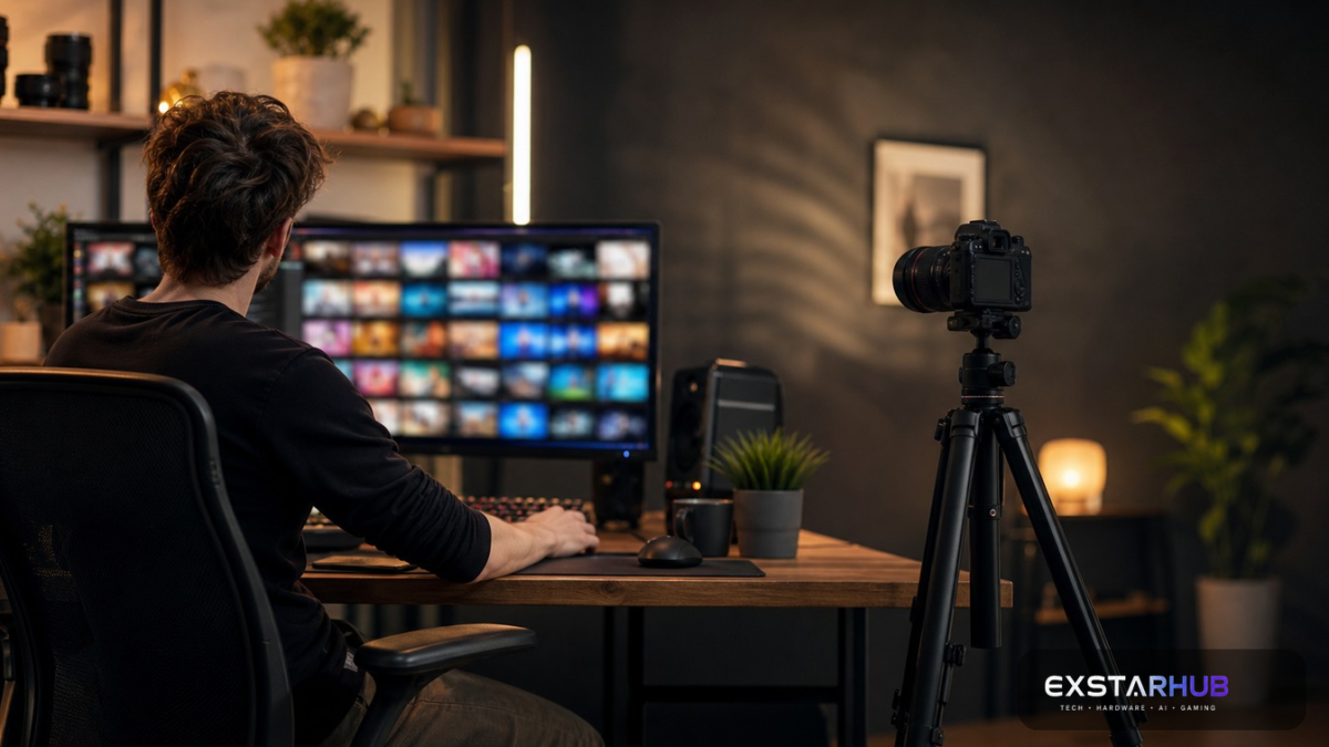 Creator editing a video thumbnail on a desktop workstation