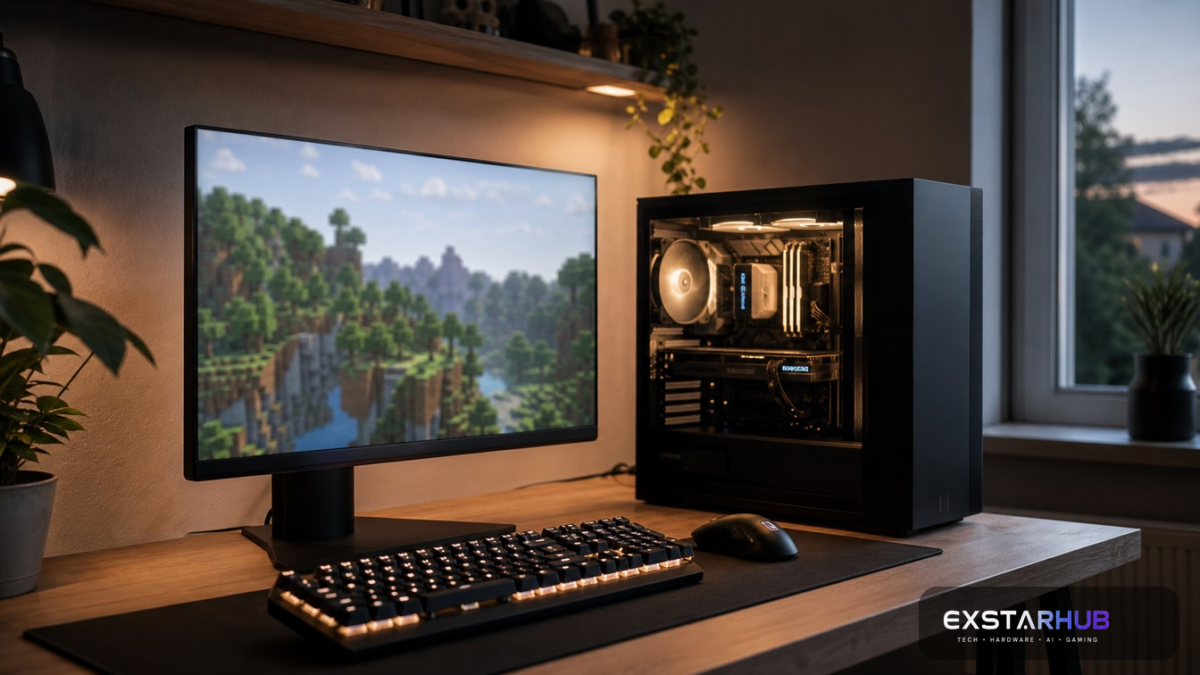 Modern gaming PC running a block-building game in a softly lit room
