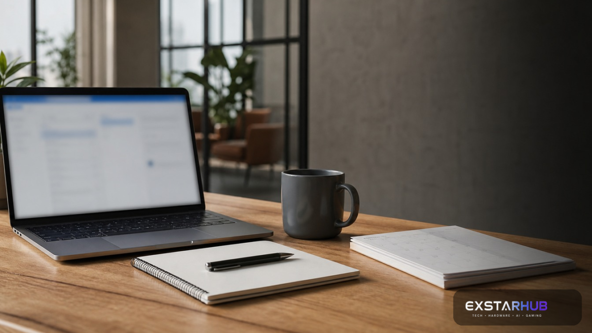 Professional email workspace with laptop, notebook and calendar