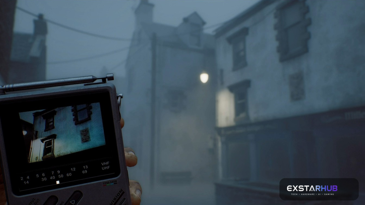 Official Silent Hill: Townfall PS5 image showing the portable CRTV in foggy St. Amelia.