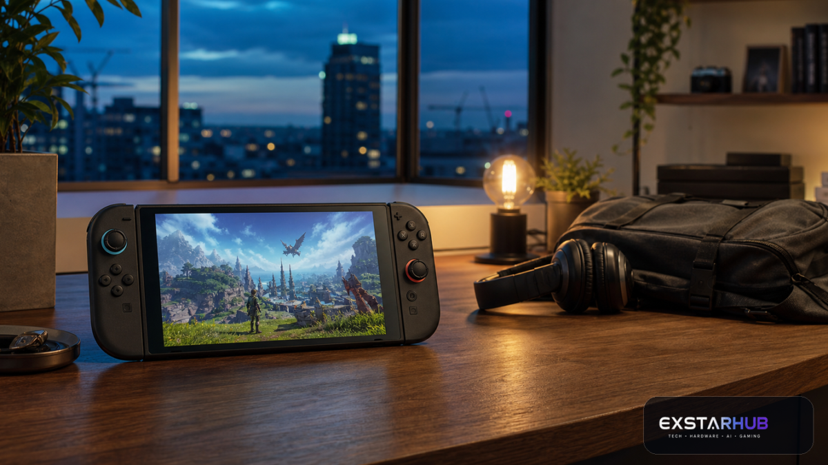 Nintendo Switch 2-style handheld gaming setup showing a fantasy MMO world on screen