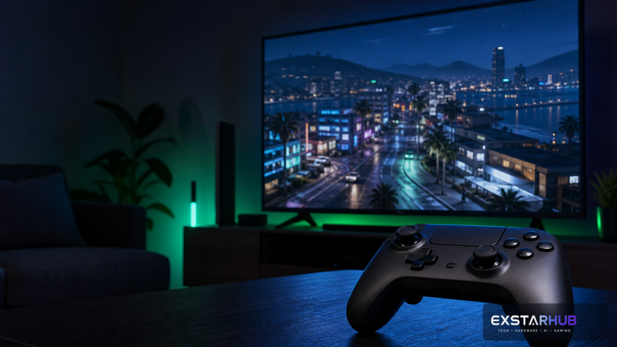 Xbox controller in front of a television showing a neon-lit city inspired by an open-world crime game.