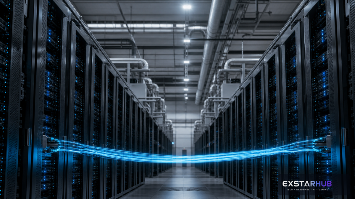 Rows of AI servers representing the reported Meta and Anthropic compute lease talks.