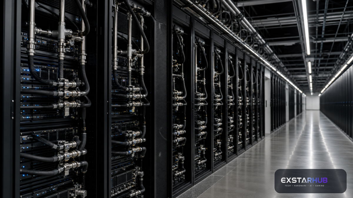 Modern AI data center aisle with high-density server racks and cooling infrastructure
