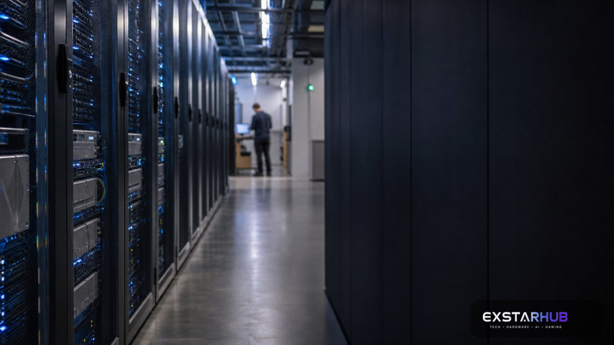 High-performance AI research server room with engineers in the distance