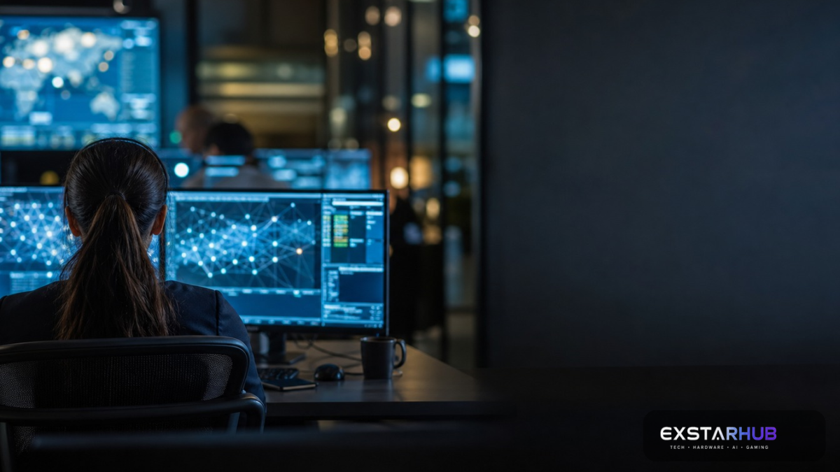 Cybersecurity analyst workspace with abstract AI network visualization