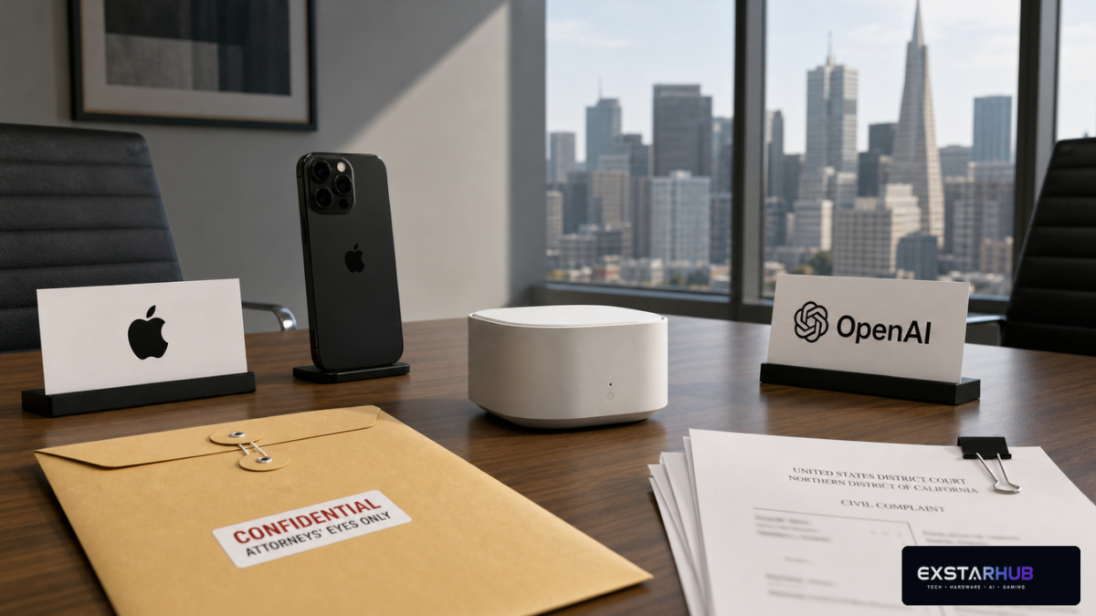 Apple and OpenAI hardware symbols beside a federal trade-secret lawsuit filing.