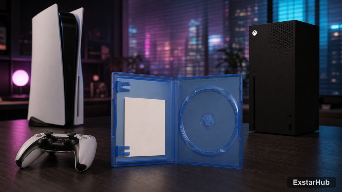 A GTA VI retail box with a download code beside modern game consoles, illustrating the shift away from physical discs.
