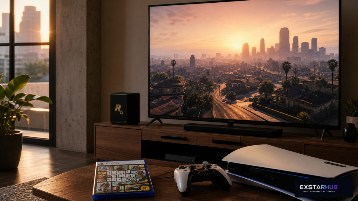A realistic GTA V gaming setup representing the game's long-running commercial success.