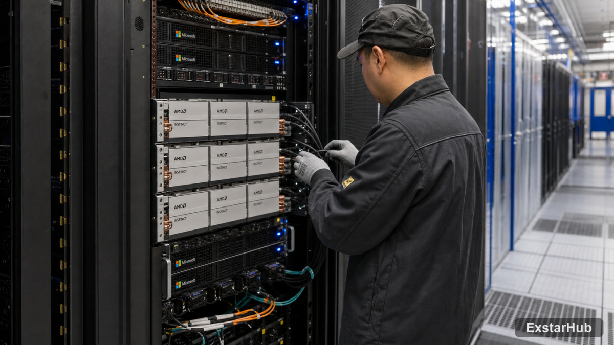 AMD Helios AI racks operating inside a Microsoft Azure data center with integrated GPU, CPU and networking infrastructure.