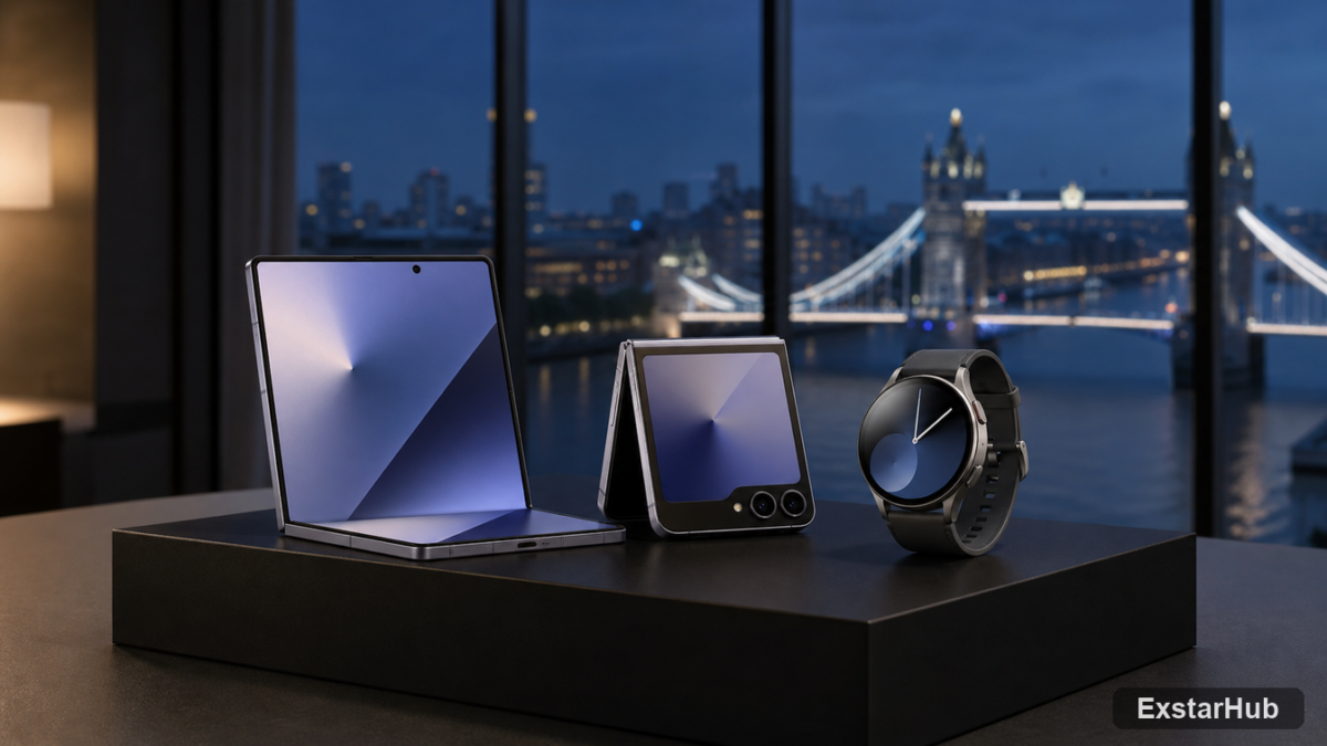 Samsung foldable phones and a smartwatch arranged in a London studio ahead of Galaxy Unpacked July 2026.