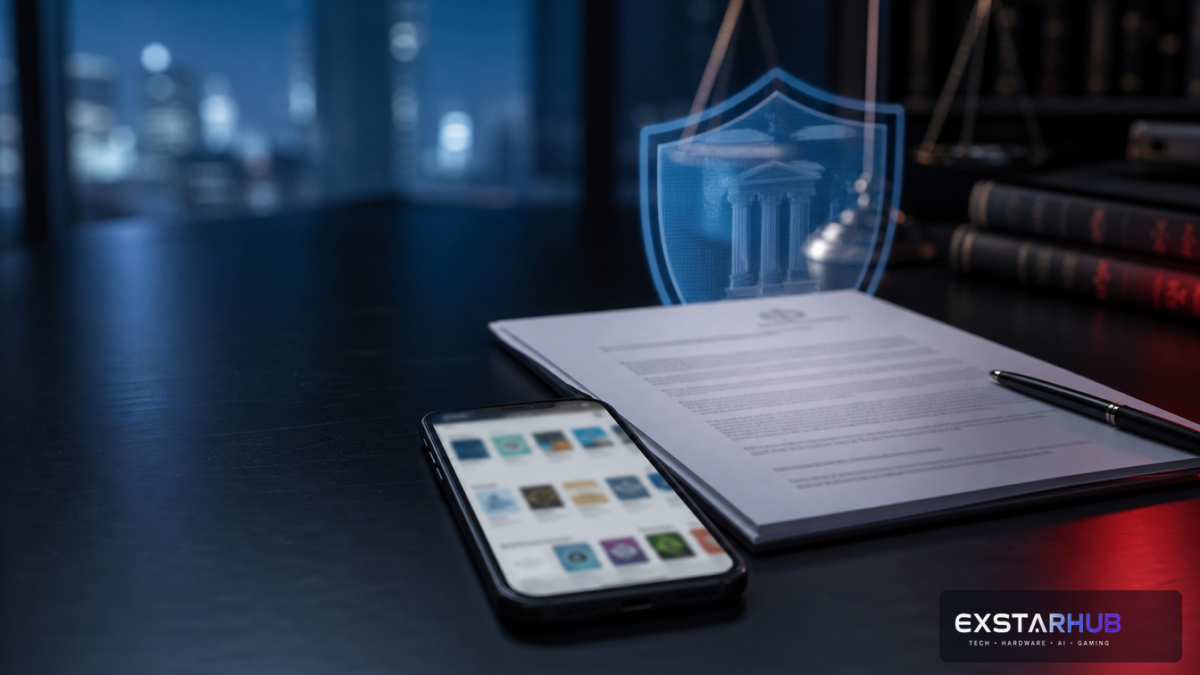 Smartphone app marketplace beside a digital safety shield and legal document, representing action against harmful AI apps.