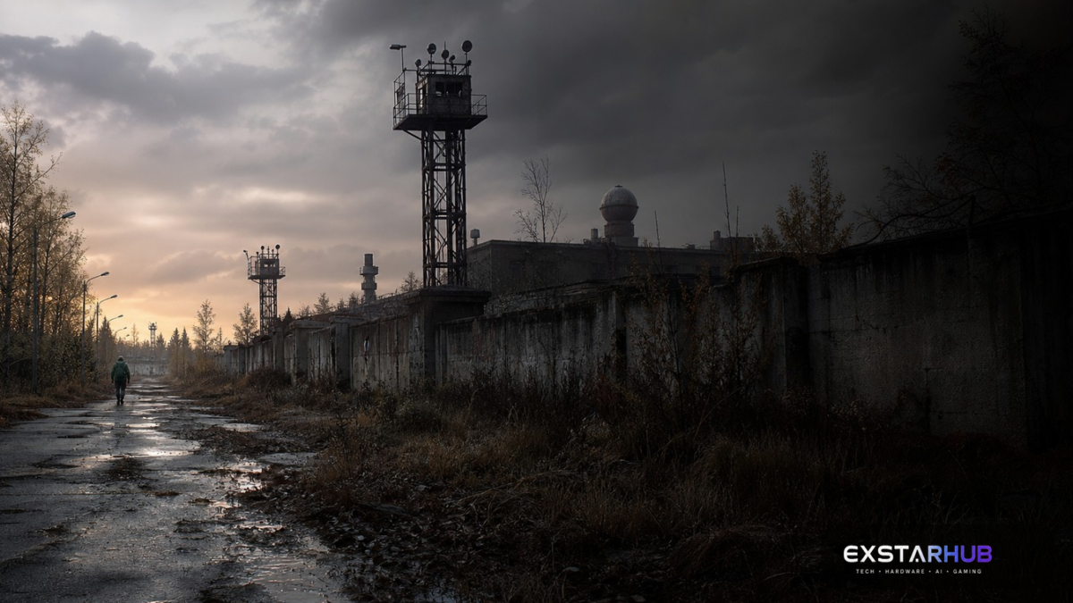 Desolate post-apocalyptic industrial landscape at dusk
