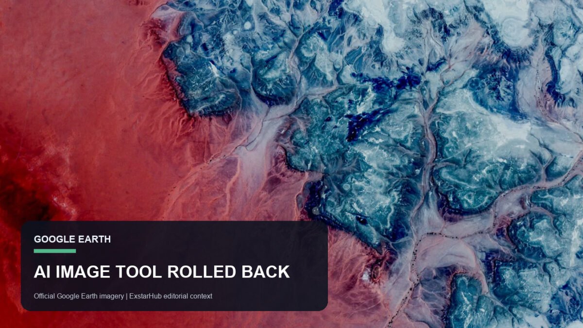 Official Google Earth View satellite imagery used with a factual editorial overlay about Google rolling back its AI image tool.