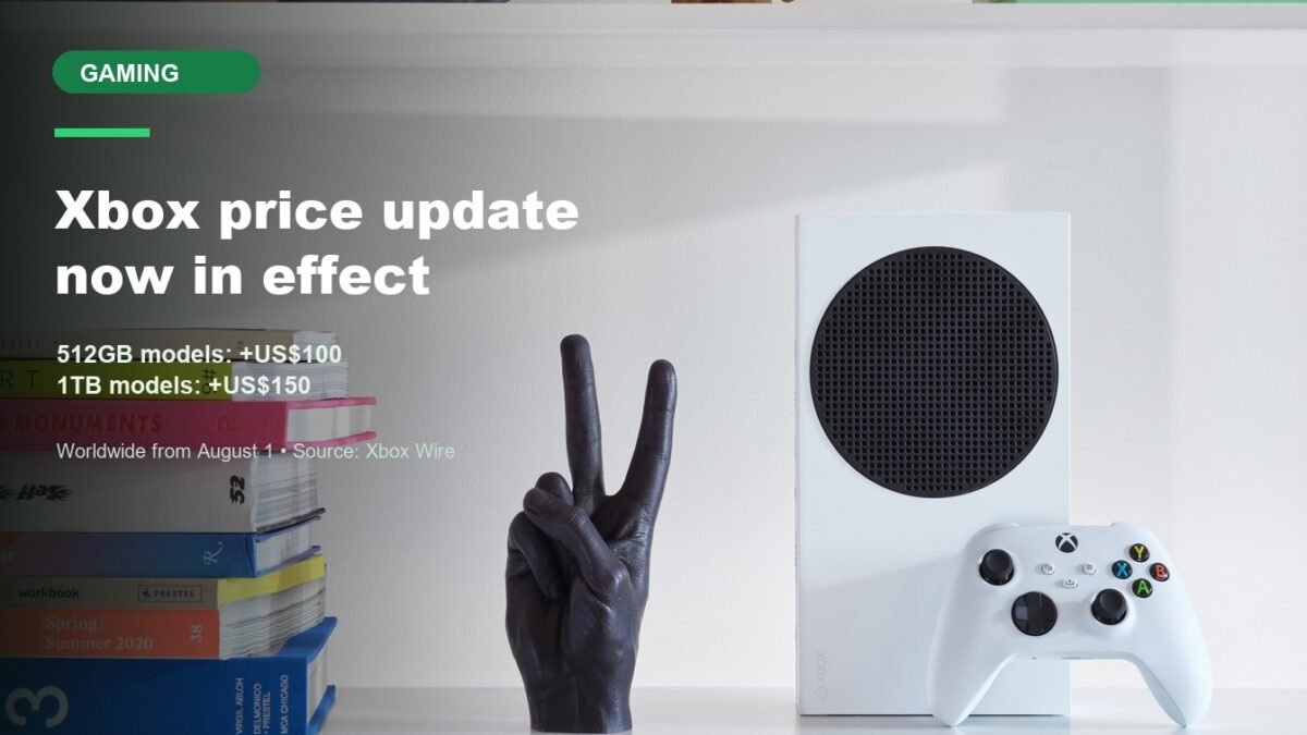 Official Xbox product photograph showing a Robot White Xbox Series S console and Xbox Wireless Controller on a shelf beside books, used as contextual imagery for Microsoft’s August 2026 console price update.